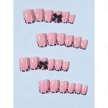 24pcs Short Squpink French Manicure Nail Stickers, Medium 3D Bow Design Acrylic False Nails Set, Includes 1pc Jelly Gel And 1pc Nail File, Easy To Wear, Suitable For Women's Daily Work, Festivals, Parties, Nail Art Supplies - Multicolor - View 1