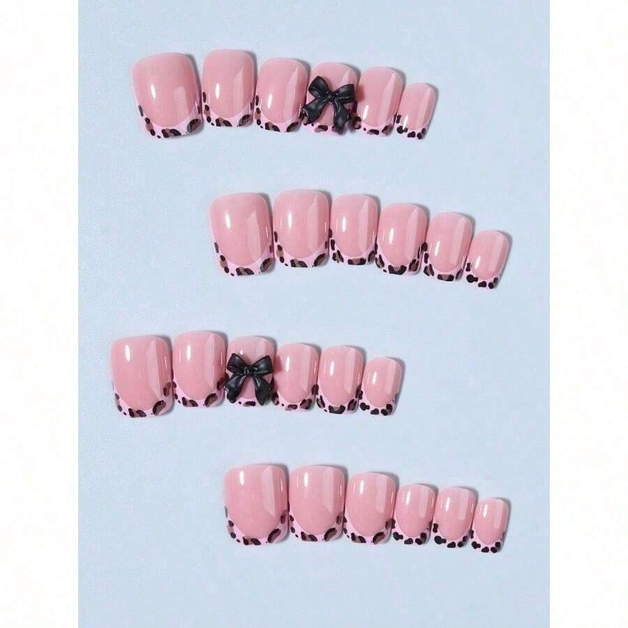 24pcs Short Squpink French Manicure Nail Stickers, Medium 3D Bow Design Acrylic False Nails Set, Includes 1pc Jelly Gel And 1pc Nail File, Easy To Wear, Suitable For Women's Daily Work, Festivals, Parties, Nail Art Supplies - Multicolor - View 1