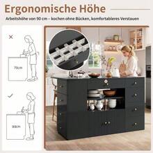 Kitchen Island, Sideboard With Bar Stools, 6-Drawer Kitchen Unit With Stools, Adjustable Width 140 X 40 (70) X 89 Cm, White/Black - Black - View 5