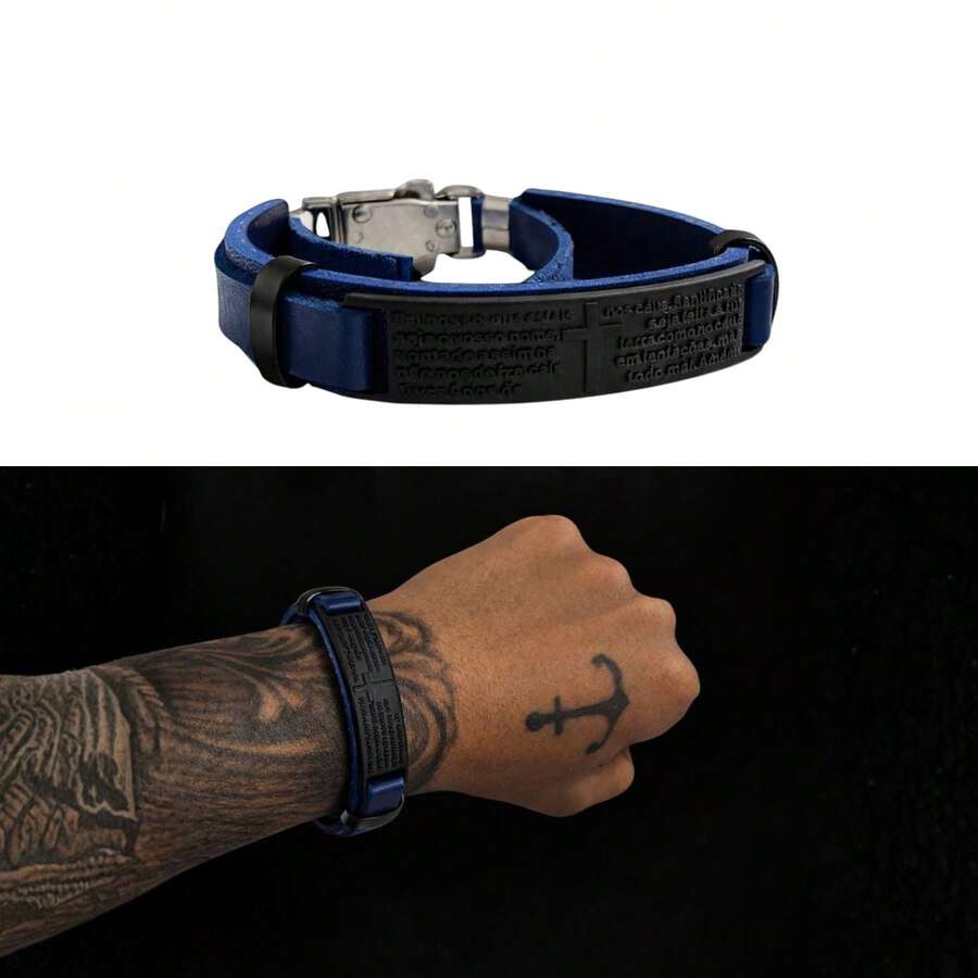 Pulseira Masculina Religiosa Couro Sintético Oração Pai Nosso Placa Aço Inox - Castanho - Visão 1