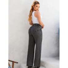 Calça Jeans Wide Leg Grafite Jeans Preta Marmorizada Calça 100% Algodão Pantalona Cintura Alta - GRAFITE - Visão 2