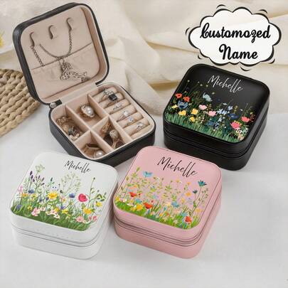 Personalized Floral And Butterfly Leather Travel Jewelry Box, Bridesmaid Gift, Women's Holiday Gift, Gift For Mother, Birthday Gift, Wedding Favor, Gift For Women