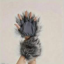 Plush Wolf Gloves, Suitable For Halloween, Christmas, And Parties - Grey - View 5