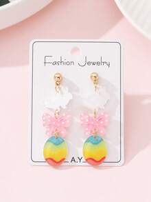 一对可爱闪亮兔子蝴蝶结彩蛋设计时尚耳环，复活节派对完美礼物 - 彩色 - 查看 1