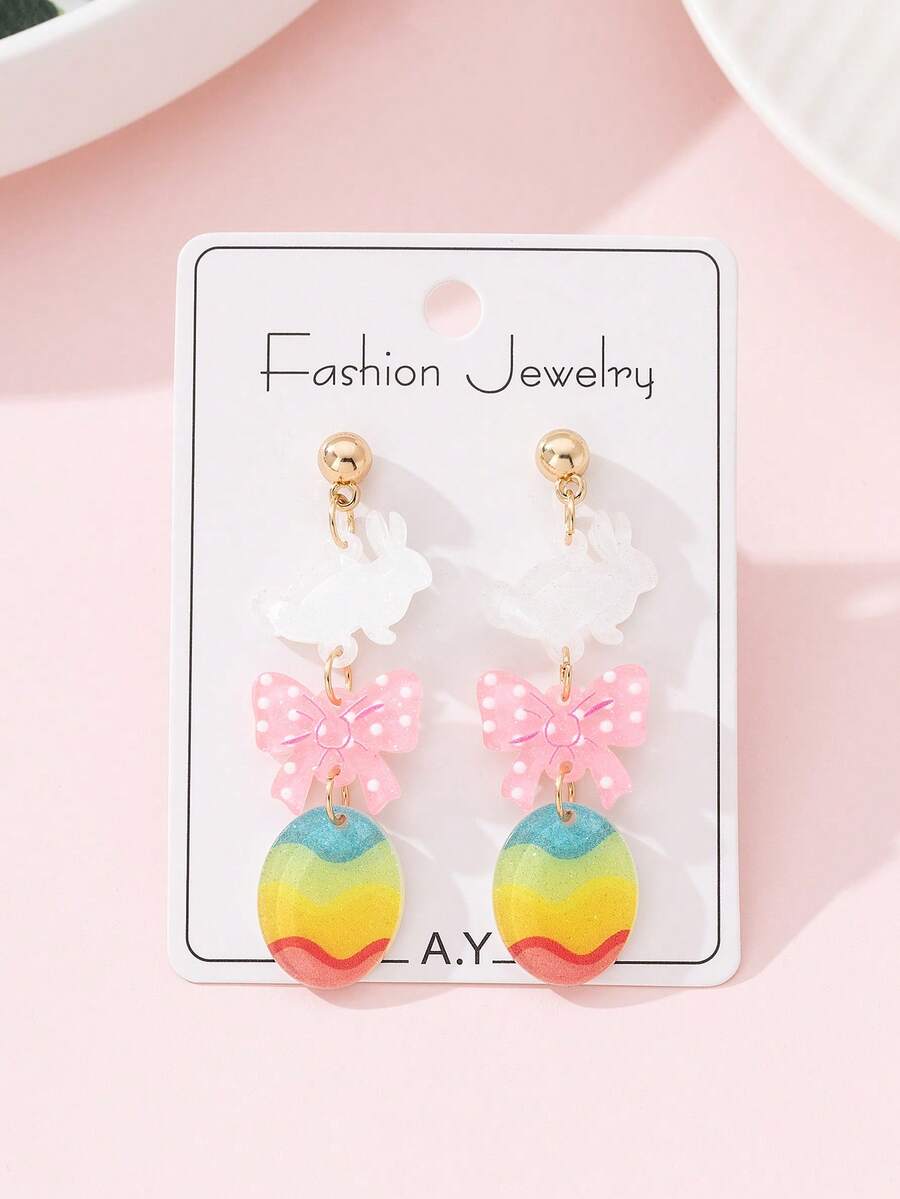 一对可爱闪亮兔子蝴蝶结彩蛋设计时尚耳环，复活节派对完美礼物 - 彩色 - 查看 1