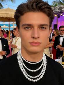 1條白色時尚簡約多用途珍珠項鍊，男性日常穿著度假禮物 - 白色 - 查看 12