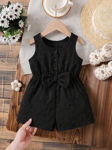 Baby Girls' Cute Solid Color Round Neck Sleeveless Bow Decor Button Design Half-Placket Romper, Suitable For Home, Daily Wear And Outings, Spring/Summer - Black - View 2