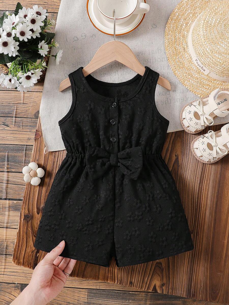 Baby Girls' Cute Solid Color Round Neck Sleeveless Bow Decor Button Design Half-Placket Romper, Suitable For Home, Daily Wear And Outings, Spring/Summer