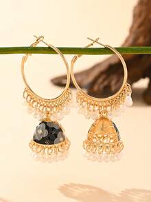 1pair Fashionable Faux Pearl Jhumka Earrings,Big Hoop With Beads Pendant Jewelry Suitable For Women's Daily,Wedding, Banquet, Party Wear/As Festive Gift - Pendants - View 3