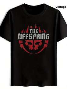 Men's Retro Rock Band Graphic Tee - Black Short Sleeve T-Shirt With THE OFFSPRING Skull Logo, Distressed Lettering And Red Details - Breathable Polyester Summer Casual Top, Suitable For Concerts, Festivals, Beach - Machine Washable, Metallic Design T-Shirt, Regular Fit - 黑色 - 查看 1