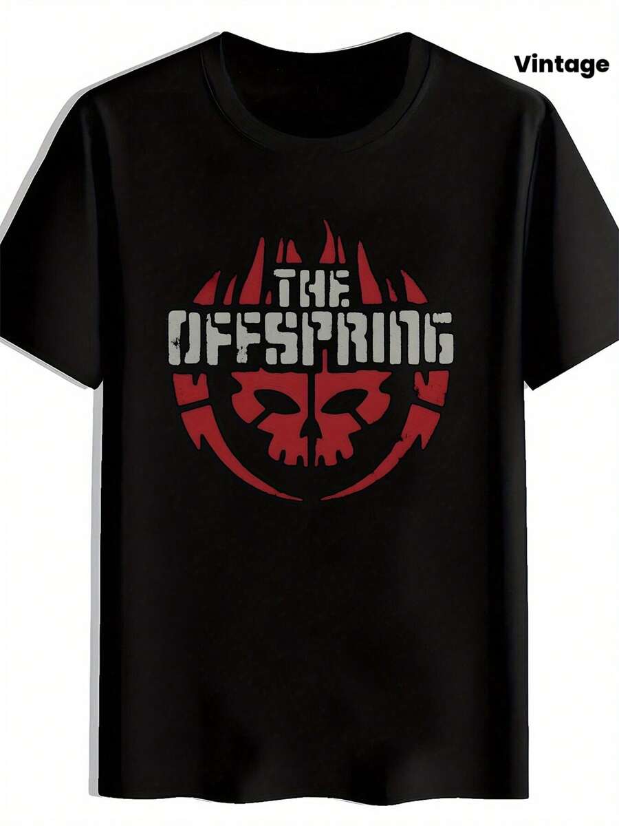 Men's Retro Rock Band Graphic Tee - Black Short Sleeve T-Shirt With THE OFFSPRING Skull Logo, Distressed Lettering And Red Details - Breathable Polyester Summer Casual Top, Suitable For Concerts, Festivals, Beach - Machine Washable, Metallic Design T-Shirt, Regular Fit - 黑色 - 查看 1