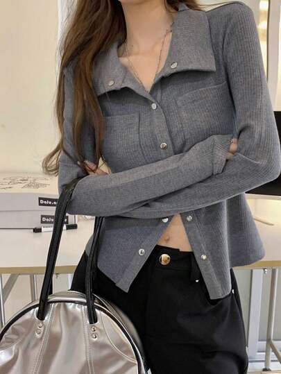 Women's Solid Color Long Sleeve Single-Breasted Casual Pocket Blouse