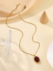 1件不锈钢复古金色项链，配棕色宝石吊坠，适合女士日常佩戴或作为礼物 - 金黃色 - 查看 3