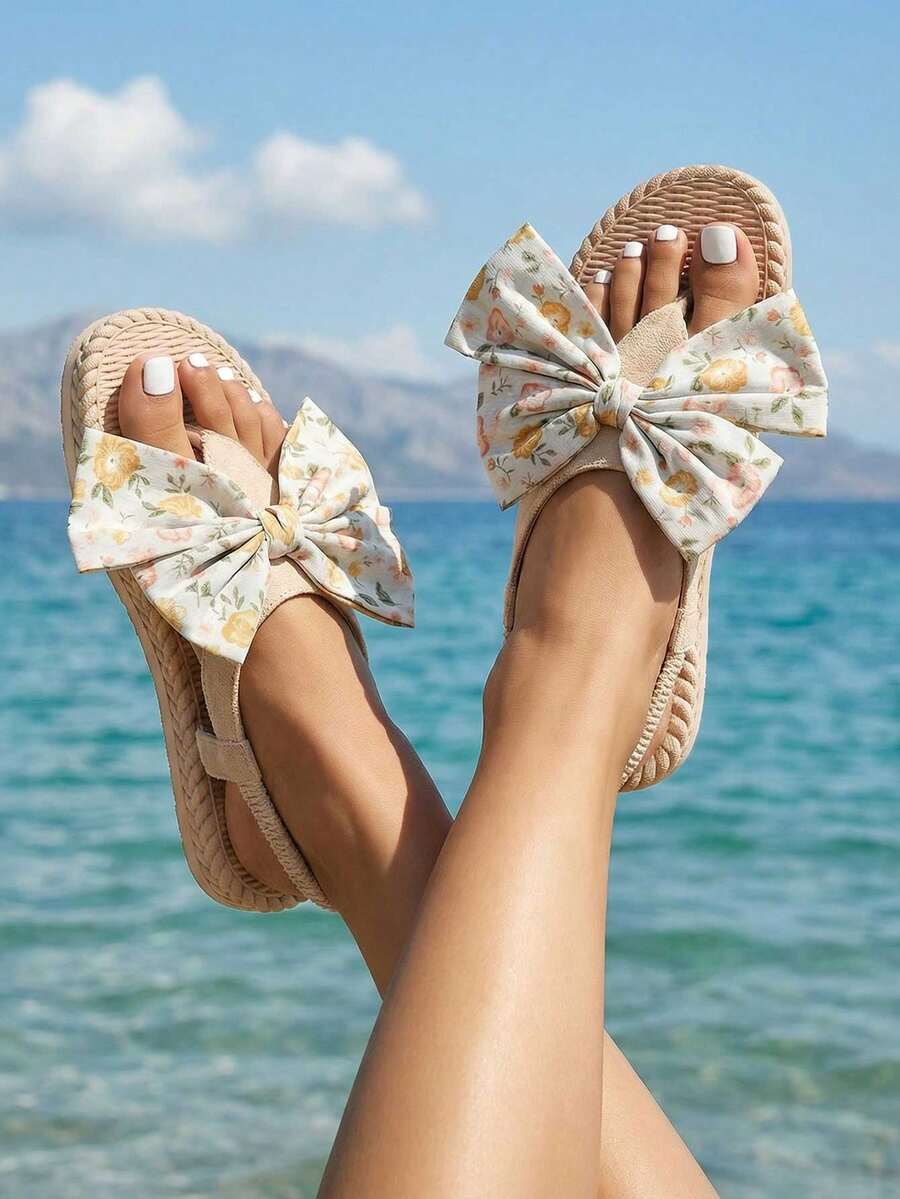 New Women's Casual Minimalist Vacation Style Round Toe Bow Slip-On Peep Toe Comfortable Fashion Summer Green Flat Sandals, Suitable For Casual, Daily, Party, Beach Matching, Comfortable And Stable - Green - View 1