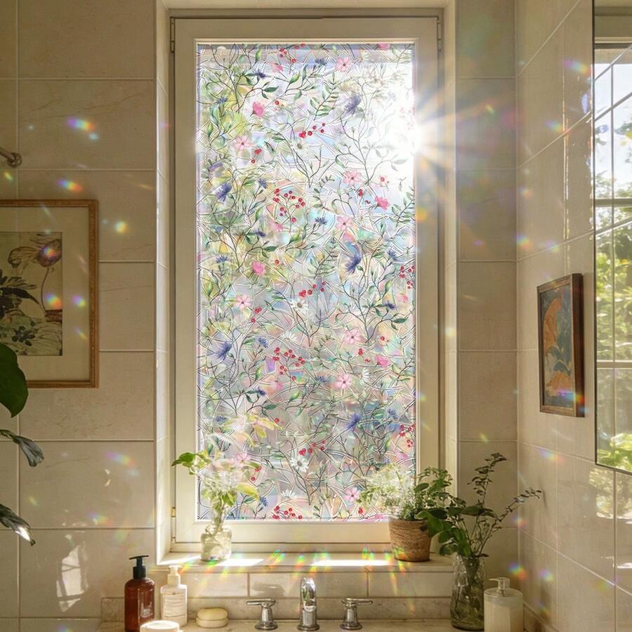 1/6pcs Daffodil Pattern Colored Glass Sticker, Static Cling Rainbow Prism Effect Privacy Protection Decal, Suitable For Home Kitchen Bedroom Bathroom Decor, Spring Countryside Style Art