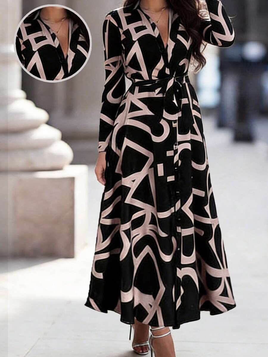 All Over Print    Elegant  Casual    Belted    Formal & Evening  Daily - màu đen - Xem 1