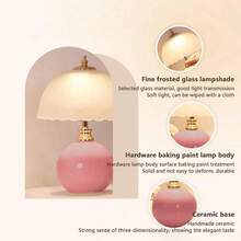 Mushroom Table Lamp, Ceramic Bedside Lamp With Glass Shade, 3-Way Lighting Rocker Switch, Small Nightstand Lamp For Bedroom, Living Room, Office, White - Pink - View 3