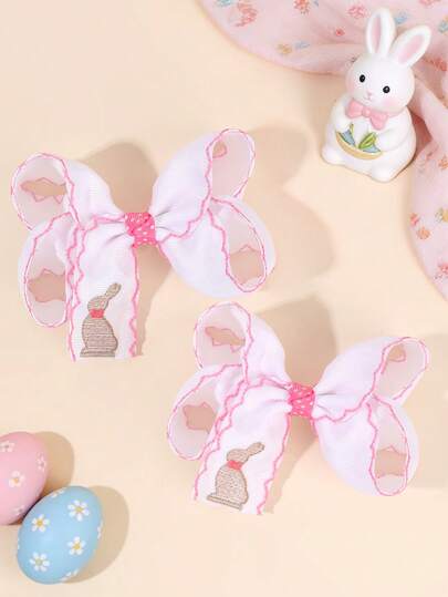 2个复活节兔子刺绣发夹，粉色波浪边鳄鱼夹，可爱复活节超大蝴蝶结发饰，卡通兔子装饰发卡，甜美可爱的复活节发夹，女士发饰