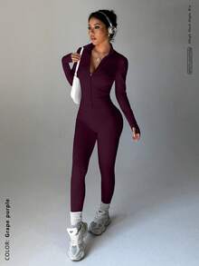 立领拉链运动夹克，带拇指孔，搭配高腰塑形紧身裤，有效收腰提臀，拉长腿部线条 | 修身剪裁，适合户外通勤，优雅通勤套装，女士秋冬春季两件套 - 紫色 - 查看 4