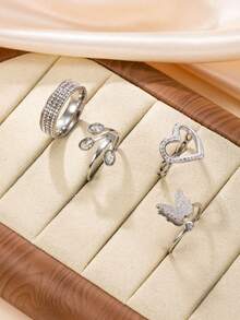 Bộ 4 chiếc nhẫn thép không gỉ cao cấp với ba hàng đá pha lê, thiết kế hình bướm, trái tim và lá, thích hợp cho phụ nữ đeo hàng ngày hoặc làm quà tặng ngày Valentine. - nhẫn - Xem 6