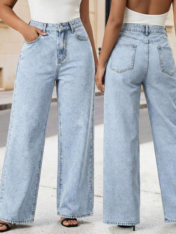 Plus Size Women's Dark Blue Jeans, Made Of Elastic Fabric, Available In Larger Sizes, Casual And Minimalist Style Suitable For Home Office Wear, Street And College Y2K Style, Perfect For The Spring Festival, New Year, Valentine's Day, Spring Clothing, Summer Clothing, Long Length, Loose And Comfortable Elegant Jeans