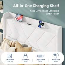 Allewie Full/Queen/King Size Platform Bed Frame With Charging Station And Storage Shelf/Upholstered Velvet Wingback Headboard/Wooden Slats Support/No Box Spring Needed/Easy Assembly, White - 查看 5