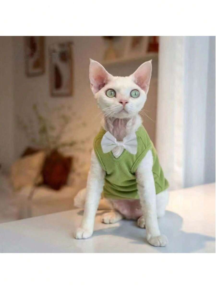 Hairless Cat/Dog Clothes, Thin Bow V-Neck Casual Undershirt - Green - View 1
