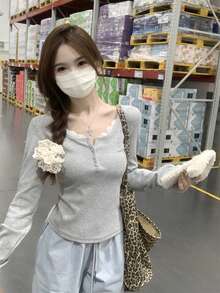 Korean Style Lace Panel Half-Open Collar Button Down Long Sleeve T-Shirt Top, Slim Fit, Autumn/Winter - Grey - View 7