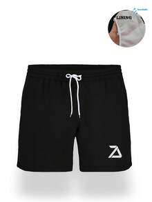 男士夏季黑色抽绳腰斜插口袋夏威夷风速干双层网眼内衬短裤，3D印花时尚休闲沙滩泳裤 - 黑色 - 查看 3