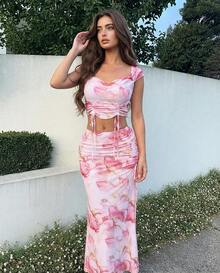 Women's Elegant Pink Marble Print Drawstring Crop Top & Midi Skirt Two Pieces Set, Chic Sexy Summer Outfit, Romantic Vacation Wear - Pink - View 5