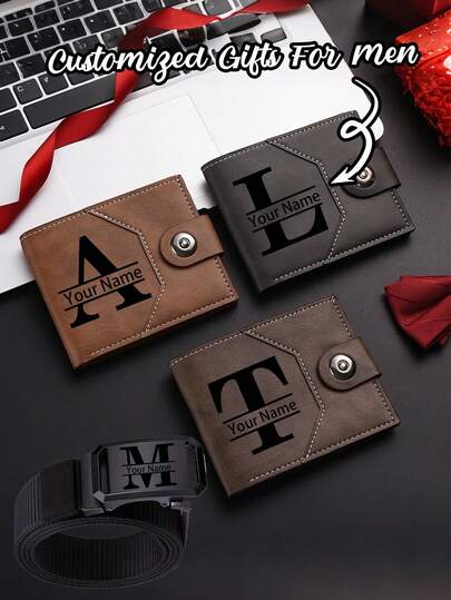 Personalized Men's Valentine's Day Wallet And Belt, Customizable With Initials And Name, Creating A Unique And Special Gift Just For Him. A Perfect Gift For Valentine's Day And Father's Day, Also Suitable For Birthdays, Weddings, Anniversaries, And Other Special Occasions. Create An Unforgettable Gift - A Personalized Pu Leather Wallet And Belt.
