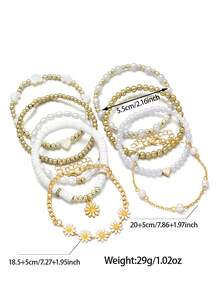 9pcs/Set Countryside Style Cute Sweet Heart & Flower Beaded Bracelet Set, Suitable For Daily Wear - Multicolor - View 4