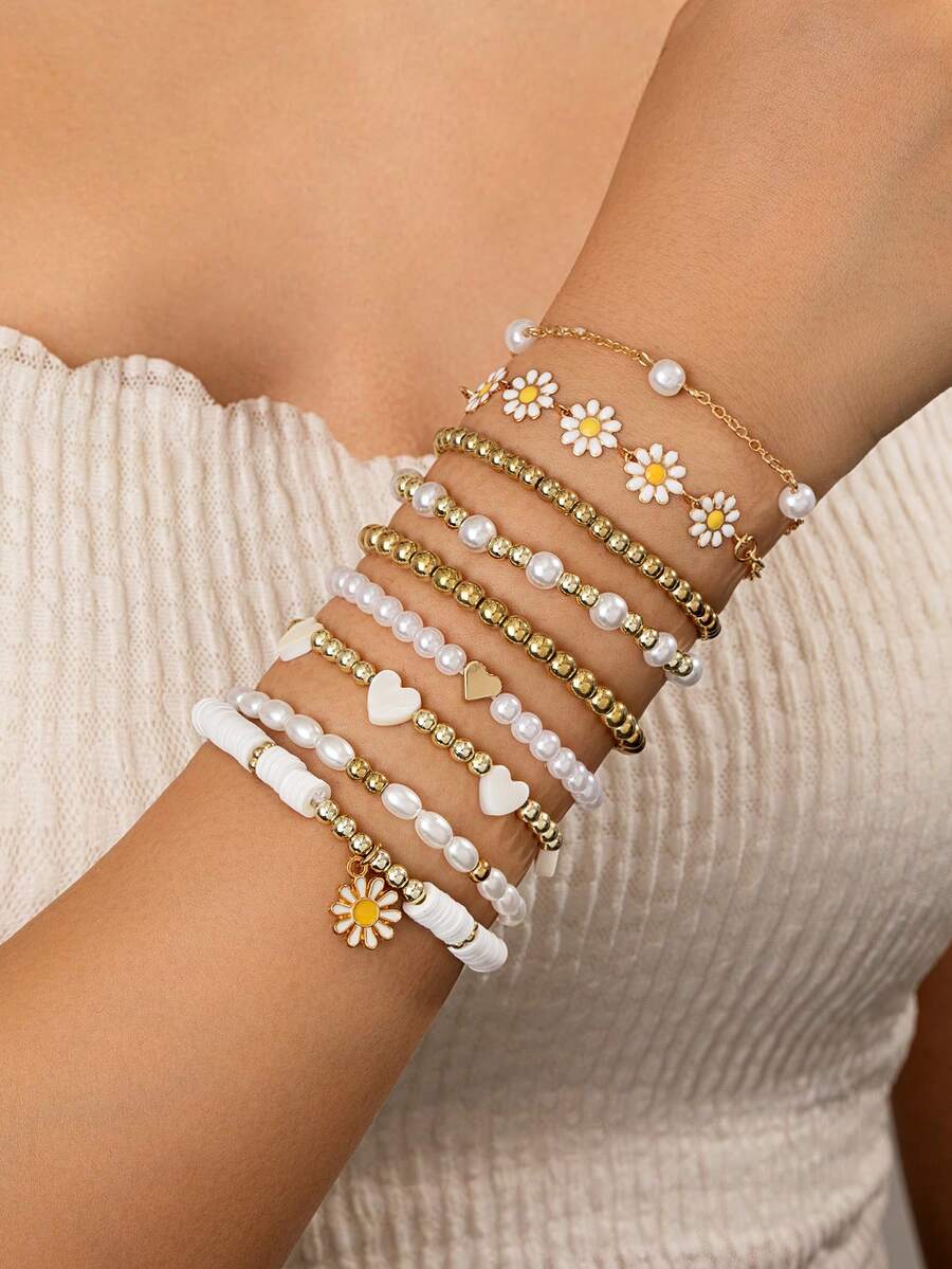 9pcs/Set Countryside Style Cute Sweet Heart & Flower Beaded Bracelet Set, Suitable For Daily Wear - Multicolor - View 1