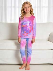 少女舒适版紫色和粉色扎染美人鱼和海星印花长袖睡衣套装 - 彩色 - 查看 2
