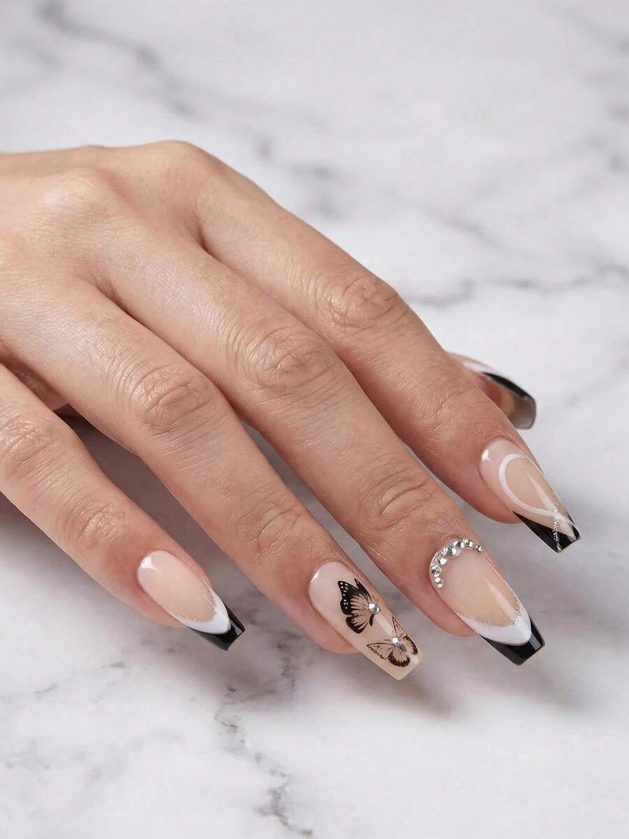 24 móng tay giả dài hình quan tài, với họa tiết hình bướm lấp lánh và nhiều màu sắc theo phong cách Châu Âu và Pháp. Đơn giản và cá tính, với thiết kế dễ dàng dán phủ kín toàn bộ móng. Thích hợp cho phụ nữ sử dụng hàng ngày và dự tiệc. - Nhiều màu - Xem 1