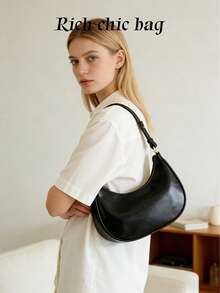 2026 New Fashionable And Simple Crescent-Shaped Bright Surface Shoulder Bag,.[US-Based Shipping] With A Distinctive Texture And Classic Look. Suitable For Daily And Commuting Use. Detachable Shoulder & Crossbody Bag, Business Casual Women's Bag, Perfect For Office, Business And Work, Japanese Bag, Vintage Bag For Women, Street & Japanese Bag For Women, Old Money, Valentine's Day Gift, Gift For Women, Gift For Girls. - 黑色 - 查看 2