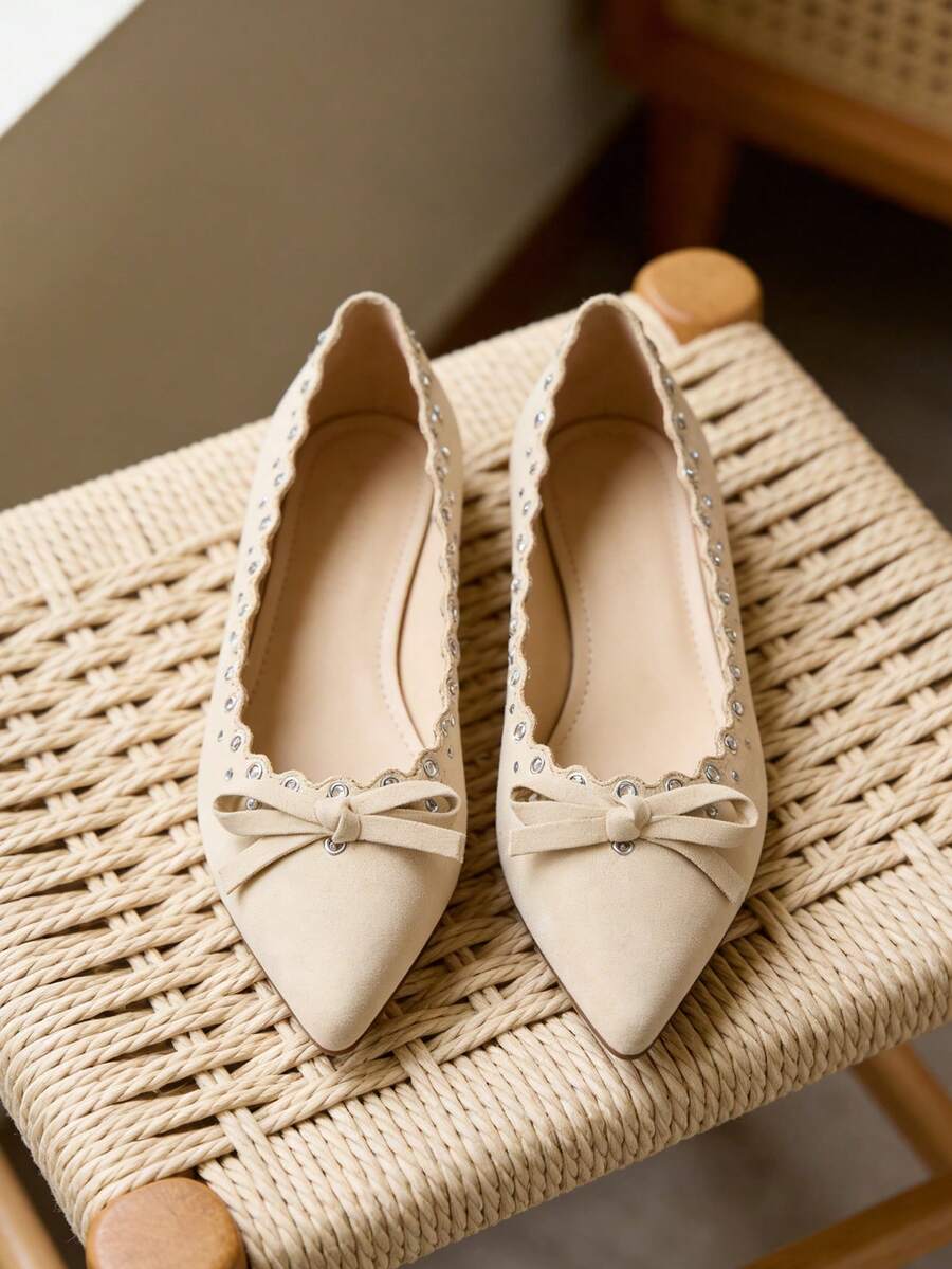 Women Point Toe Flats Low Heel Bow Knot Ballet Flats With Cut Out Grommet Details Modern Elegant Commute Wedding Ladies Flat Shoes - 杏色 - 查看 1