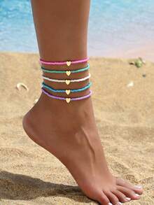 5件套 可爱、优雅、简约、性感波西米亚风夏季串珠心形多层脚链，适合日常休闲、派对、音乐节、海滩度假等场合佩戴 - 彩色 - 查看 4