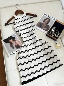 女士时尚优雅休闲度假通勤黑白拼接波浪镂空设计无袖露背针织迷你连衣裙，适合婚礼宾客、夏季春季穿着 - 黑與白 - 查看 6