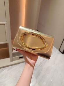 1pc Fashionable Metal Decor Mini Box Clutch Bag, Elegant Shiny Metal Bar Accent Women's Handbag, Luxury Feel For Evening Dress, Party, Wedding, Prom, Metallic Chain Included , New Year,Crossbody Bags For Women,Bags For Women,Clutch Purse For Women,Bolsos De Mujer Elegantes,Handbags For Women,Carteras De Mujer Elegantes,Travel Essential - 金色 - 查看 2