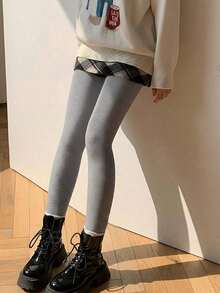 女士加厚加绒竖条纹紧身裤，高弹羊毛内衬，塑形保暖打底裤，适合秋冬季居家、休闲和商务穿着 - 淺灰色 - 查看 5