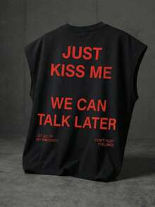 男士夏季休闲派对健身无袖背心，宽肩带，背面印有“Just We Can Talk Later”字样，红色 - 黑色 - 查看 6