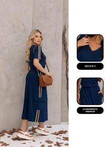 Women's Set Midi Skirt In Viscolycra Short Sleeve V-Neck Blouse For Everyday - Màu xanh hải quân - Xem 2