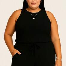 Conjunto Plus Size Canelado Pantalona Wide Leg Com Bolso Regata Canelada Feminina - Vinho - Visão 4