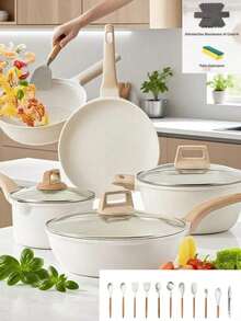 Juego de ollas antiadherentes de 9 piezas, de cerámica antiadherente, de granito. Libre de PFAS, PFOA, plomo y cadmio. Ligero, de calentamiento rápido y uniforme, fácil de limpiar, ultrarresistente, con asas extraíbles de imitación de baquelita. Versátiles ollas de granito aptas para todo tipo de cocinas, incluyendo inducción, gas, eléctricas y vitrocerámica. Diseño apilable o encajable. Se guardan fácilmente en armarios o cajones. Ideales también para camping y viajes en autocaravana - Beis - Ver 2