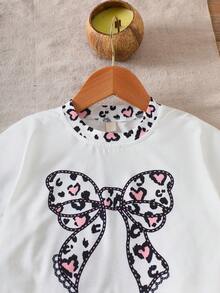 女童甜美套装，白色短袖蝴蝶印花T恤+豹纹爱心印花休闲裤，春夏款 - 白色 - 查看 3
