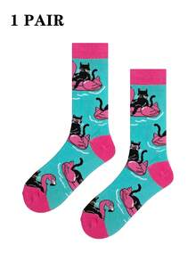 1双黑色猫咪和火烈鸟游泳图案男士中筒袜，春夏款 - 淺藍色 - 查看 10