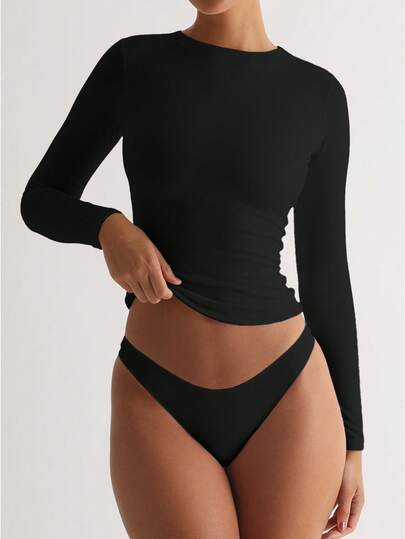 女士纯色圆领基础款瑜伽上衣，舒适T恤，春季休闲黑色