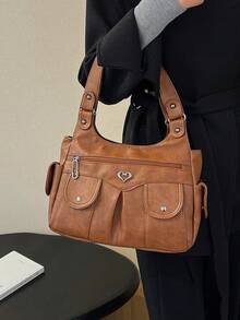 1件复古大容量手提包，复古PU单肩斜挎包，女士休闲托特包兼钱包 - 棕色 - 查看 8