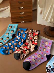 1 Pair Unisex Customized Face & Red Heart Print Comfortable Socks, Romantic Style Mid-Calf Socks, Valentine's Day Gift - Multicolor - View 7